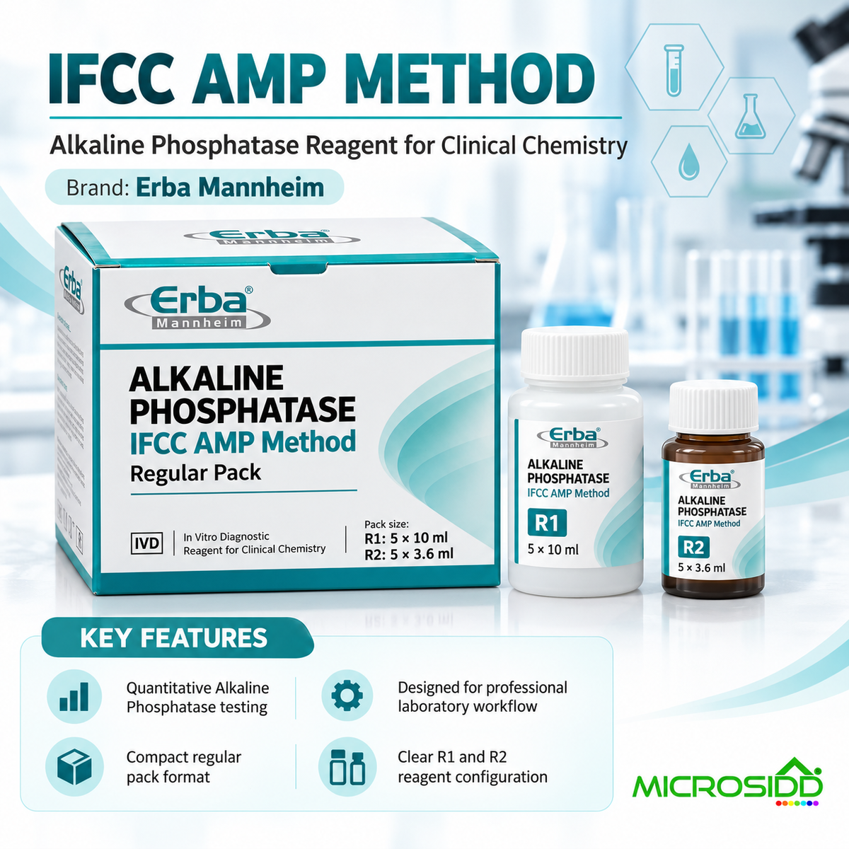 Erba Alkaline Phosphatase ALP reagent 5 x 10 ml plus 5 x 3.6 ml IFCC AMP professional clinical chemistry kit