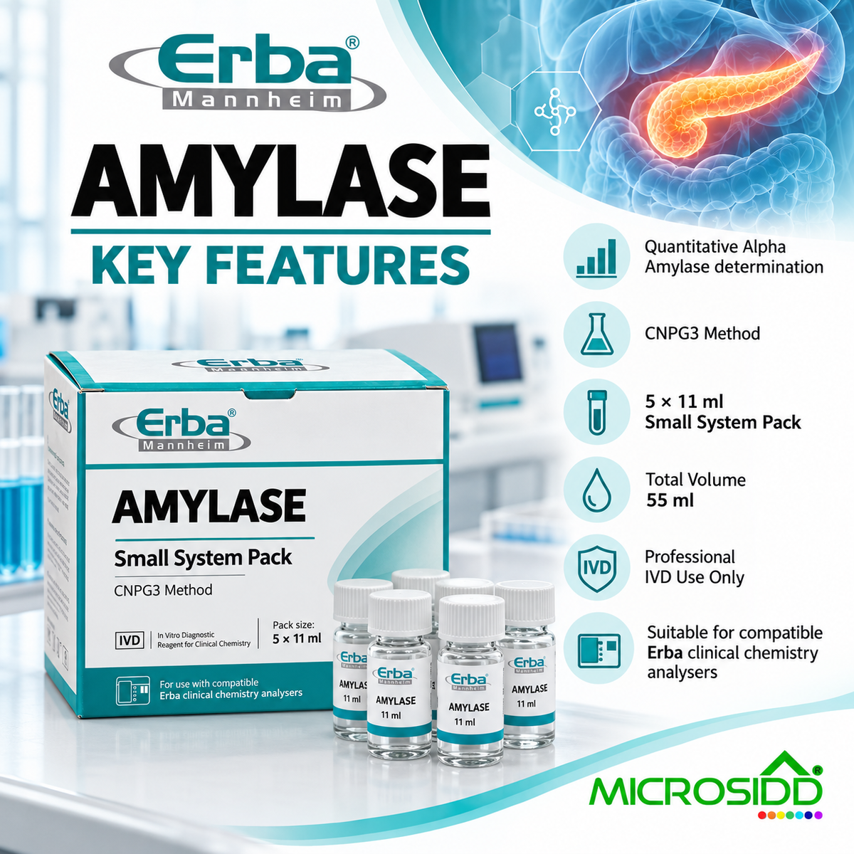 Erba Amylase small system pack 5 x 11 ml CNPG3 Alpha Amylase clinical chemistry reagent