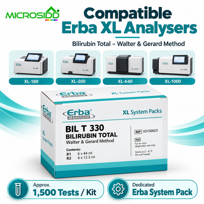 Microsidd compatible Erba XL Analysers bilirubin total kit packaging box, featuring product information, compatible models (XL-180, XL-200, XL-640, XL-1000), and feature badges.