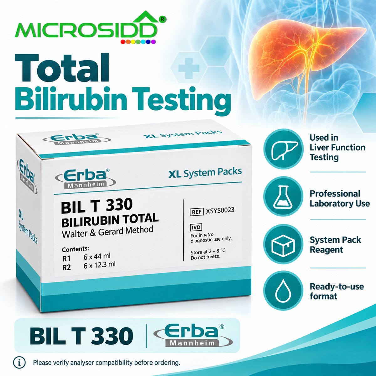 Erba Mannheim BIL T 330 Bilirubin Total XL System Packs box shown on a promotional graphic with the Microsidd brand logo, featuring a liver illustration and feature icons for liver function testing and professional laboratory use.