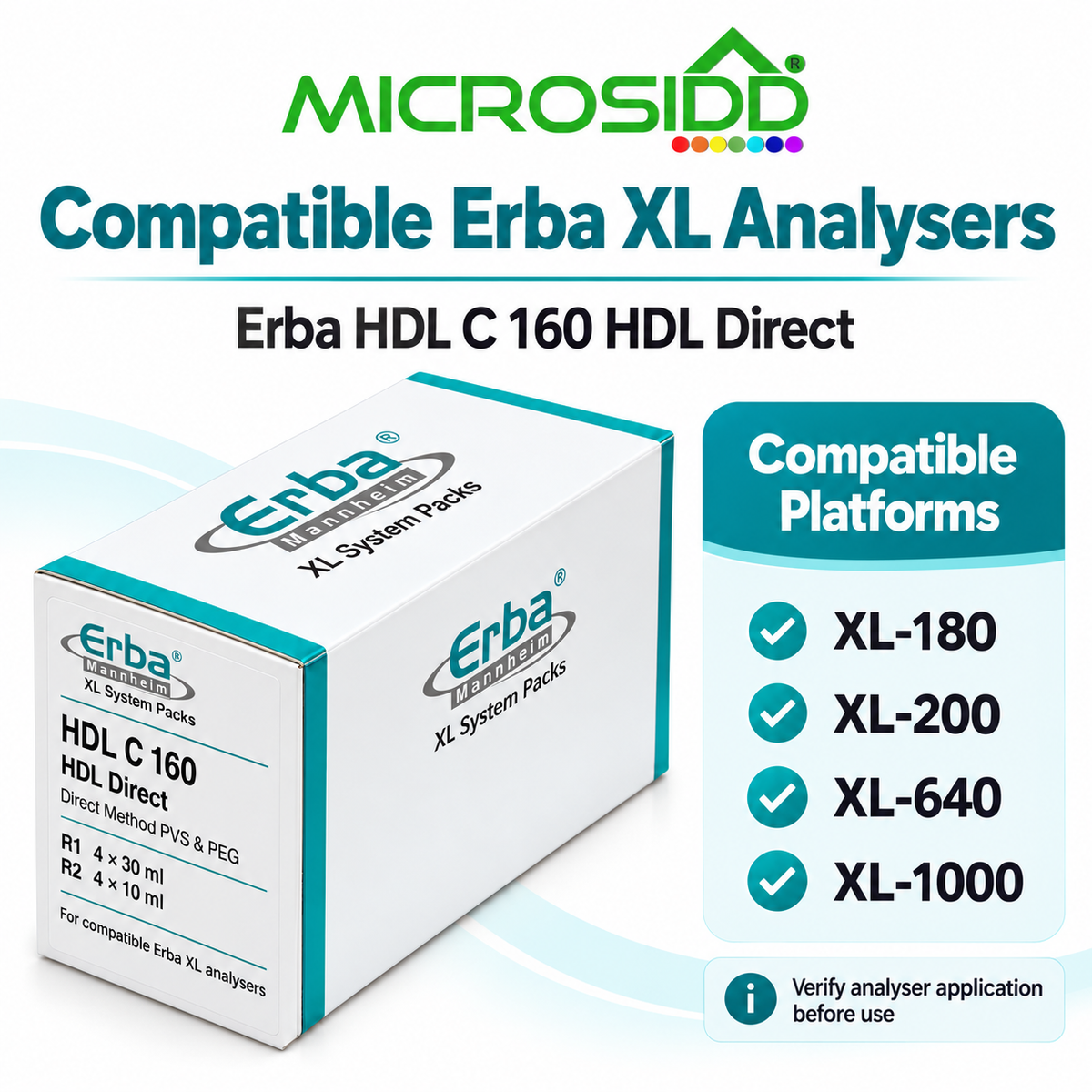 Microsidd compatible Erba XL Analysers box for Erba HDL C 160 HDL Direct, shown on a white background with a teal 'Compatible Platforms' panel listing XL-180, XL-200, XL-640, and XL-1000.