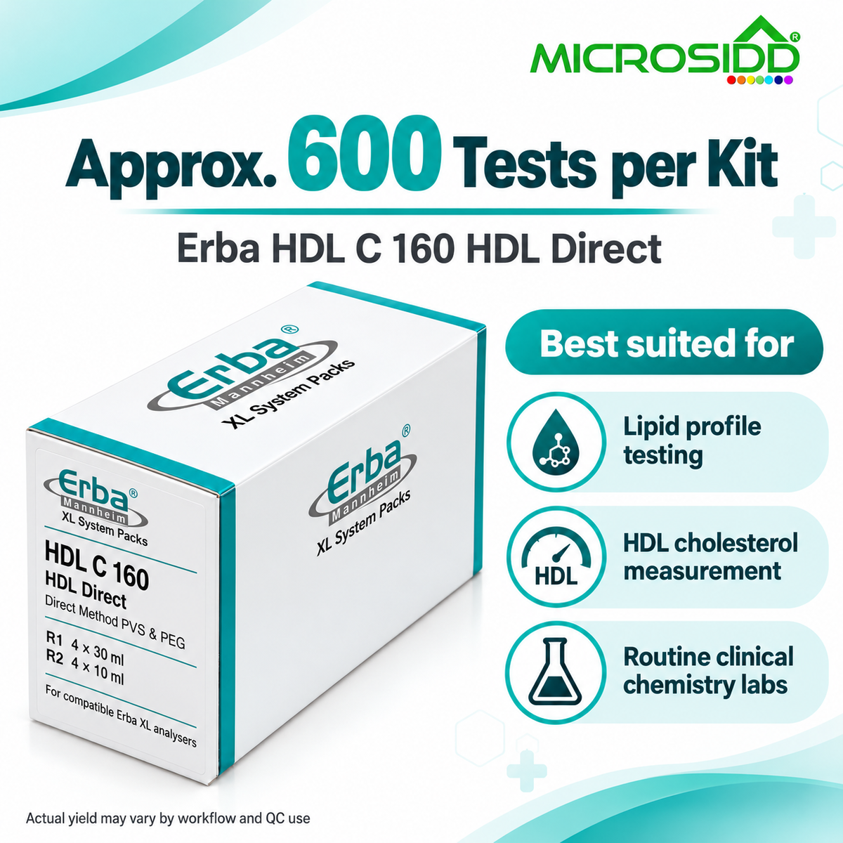 Erba HDL C 160 HDL Direct XL System Packs box shown on a teal and white promotional graphic. The box is labeled for lipid profile testing, HDL cholesterol measurement, and routine clinical chemistry labs.