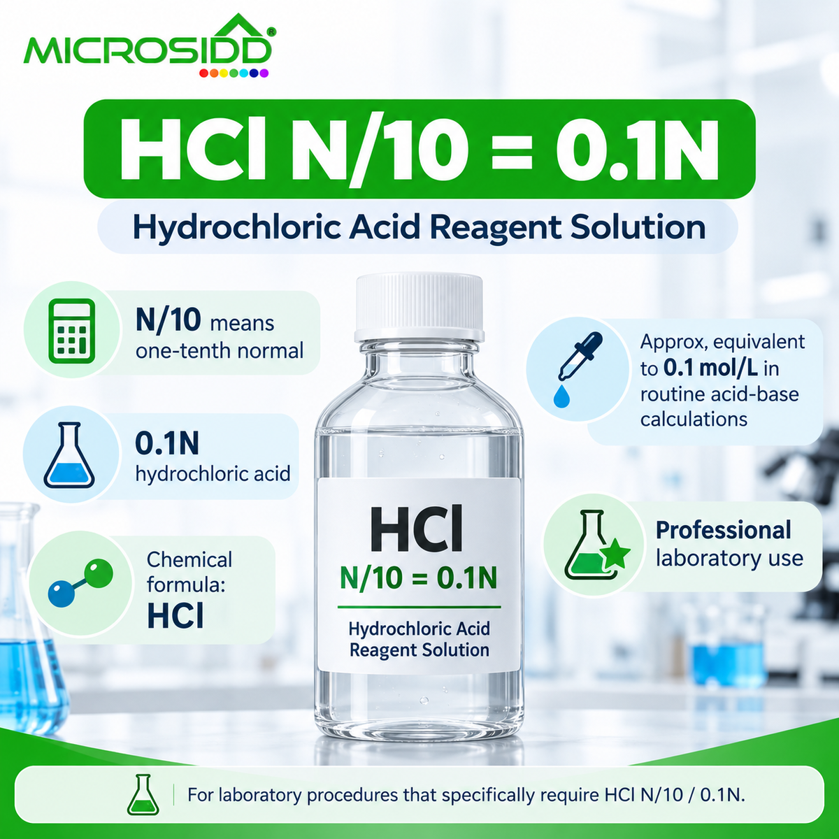 Buy HCl N/10 (0.1N) Hydrochloric Acid Reagent Solution 500ml for professional laboratory use. Made in India. Available from Microsidd Bangalore
