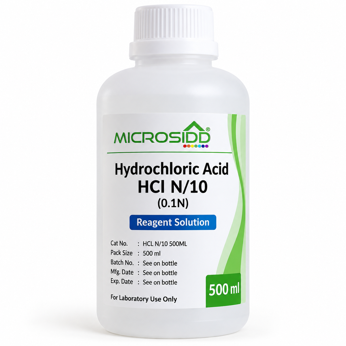 Buy HCl N/10 (0.1N) Hydrochloric Acid Reagent Solution 500ml for professional laboratory use. Made in India. Available from Microsidd Bangalore