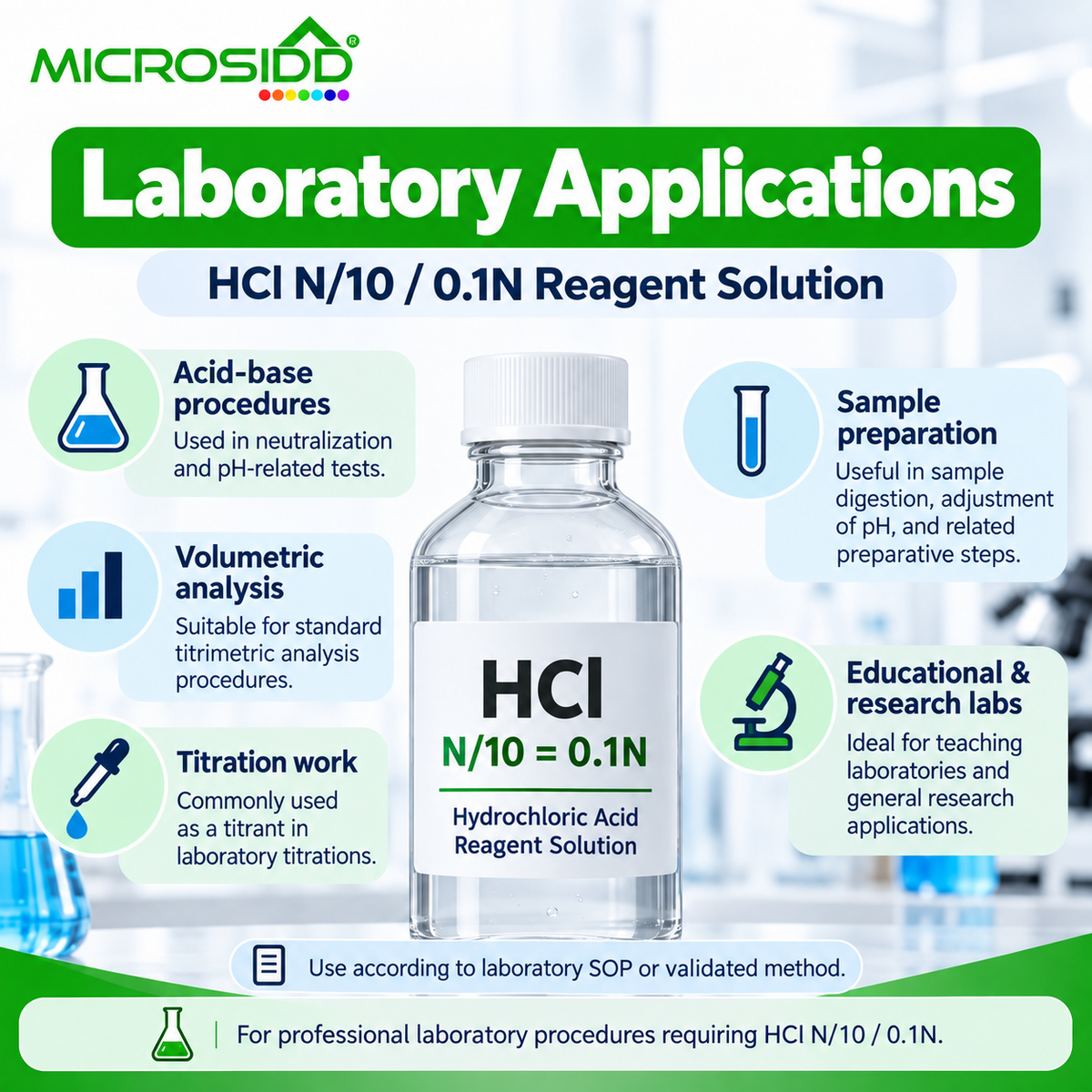 Buy HCl N/10 (0.1N) Hydrochloric Acid Reagent Solution 500ml for professional laboratory use. Made in India. Available from Microsidd Bangalore