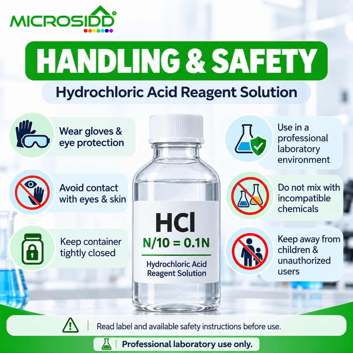 Buy HCl N/10 (0.1N) Hydrochloric Acid Reagent Solution 500ml for professional laboratory use. Made in India. Available from Microsidd Bangalore
