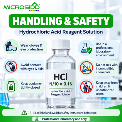 Buy HCl N/10 (0.1N) Hydrochloric Acid Reagent Solution 500ml for professional laboratory use. Made in India. Available from Microsidd Bangalore