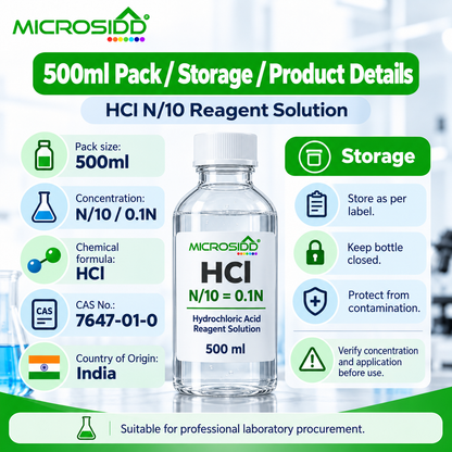 Buy HCl N/10 (0.1N) Hydrochloric Acid Reagent Solution 500ml for professional laboratory use. Made in India. Available from Microsidd Bangalore