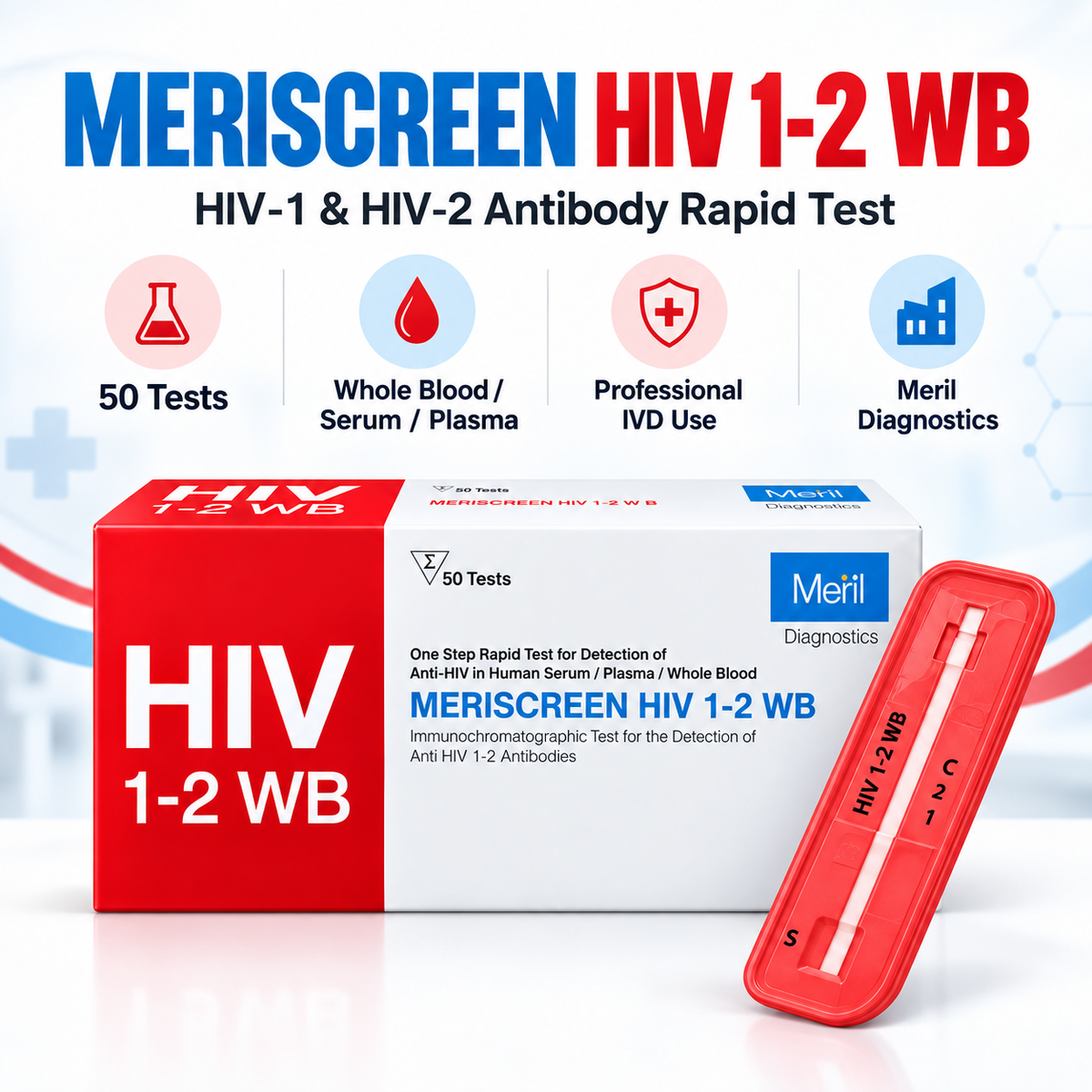 Meril MERISCREEN HIV 1-2 WB 50 Test HIV 1 and HIV 2 Antibody Rapid Test Kit