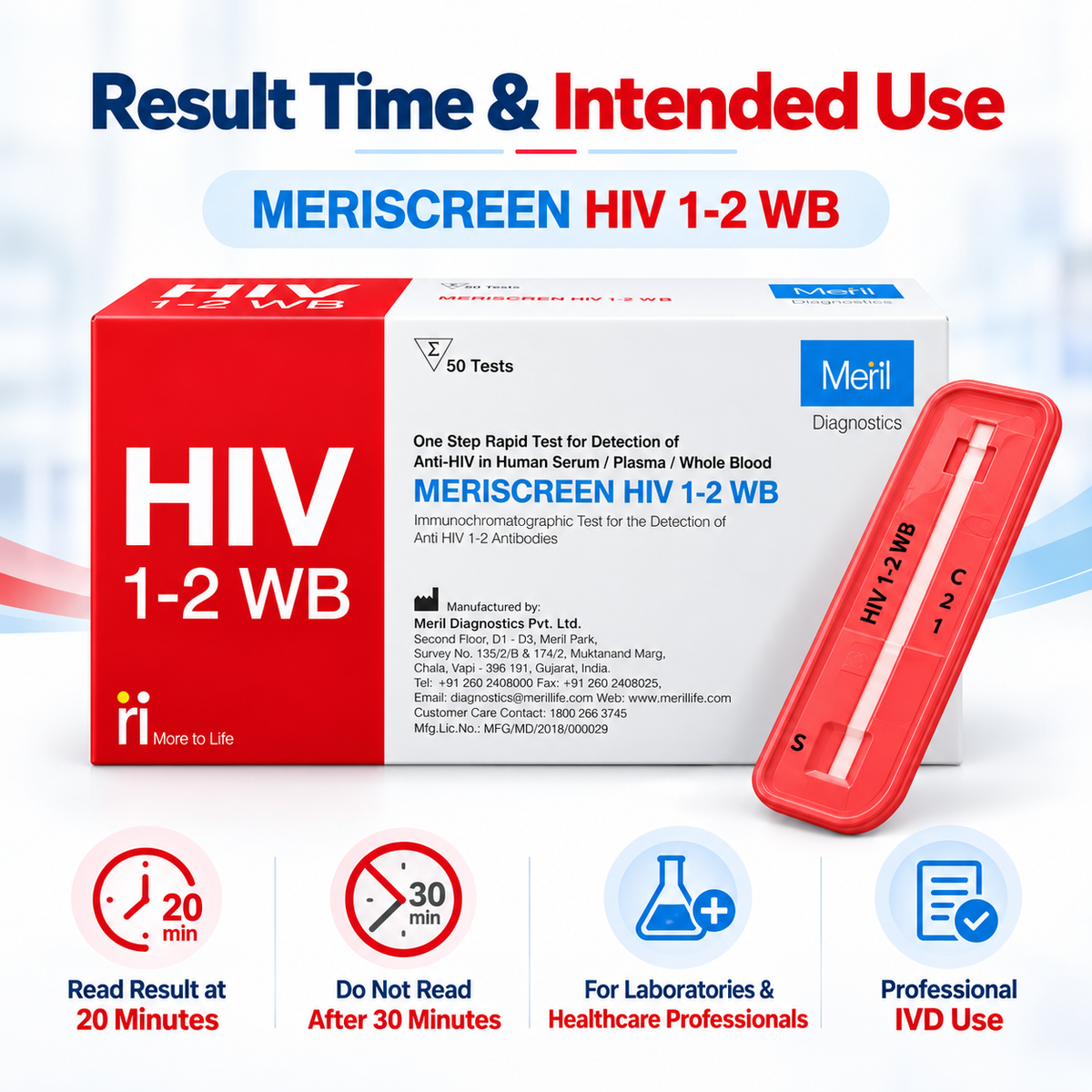 Meril MERISCREEN HIV 1-2 WB 50 Test HIV 1 and HIV 2 Antibody Rapid Test Kit