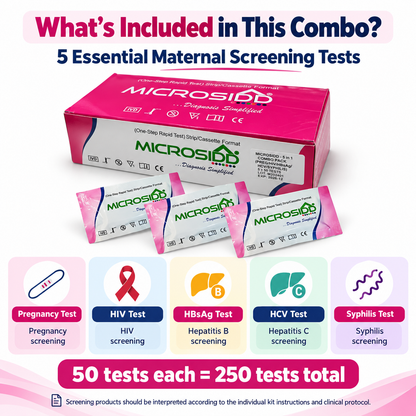 Microsidd Professional Maternal Screening Combo – HIV, HBsAg, HCV, Syphilis &amp; Pregnancy | 250 Tests