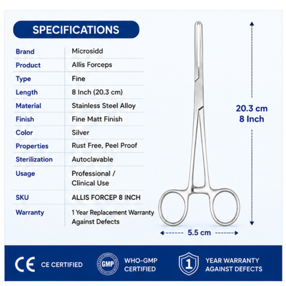Microsidd Allis Tissue Forceps 8 Inch Fine | Stainless Steel Surgical Forceps