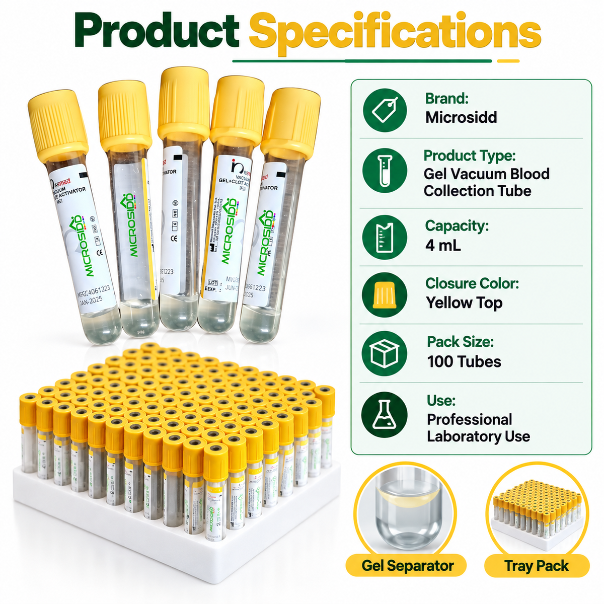 Microsidd Gel Vacuum Blood Collection Tubes 4ml | 100 Pack
