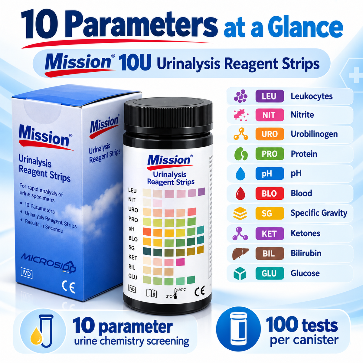 Mission 10U Urinalysis Reagent Strips | 10 Parameter Urine Test Strips | 100 Tests