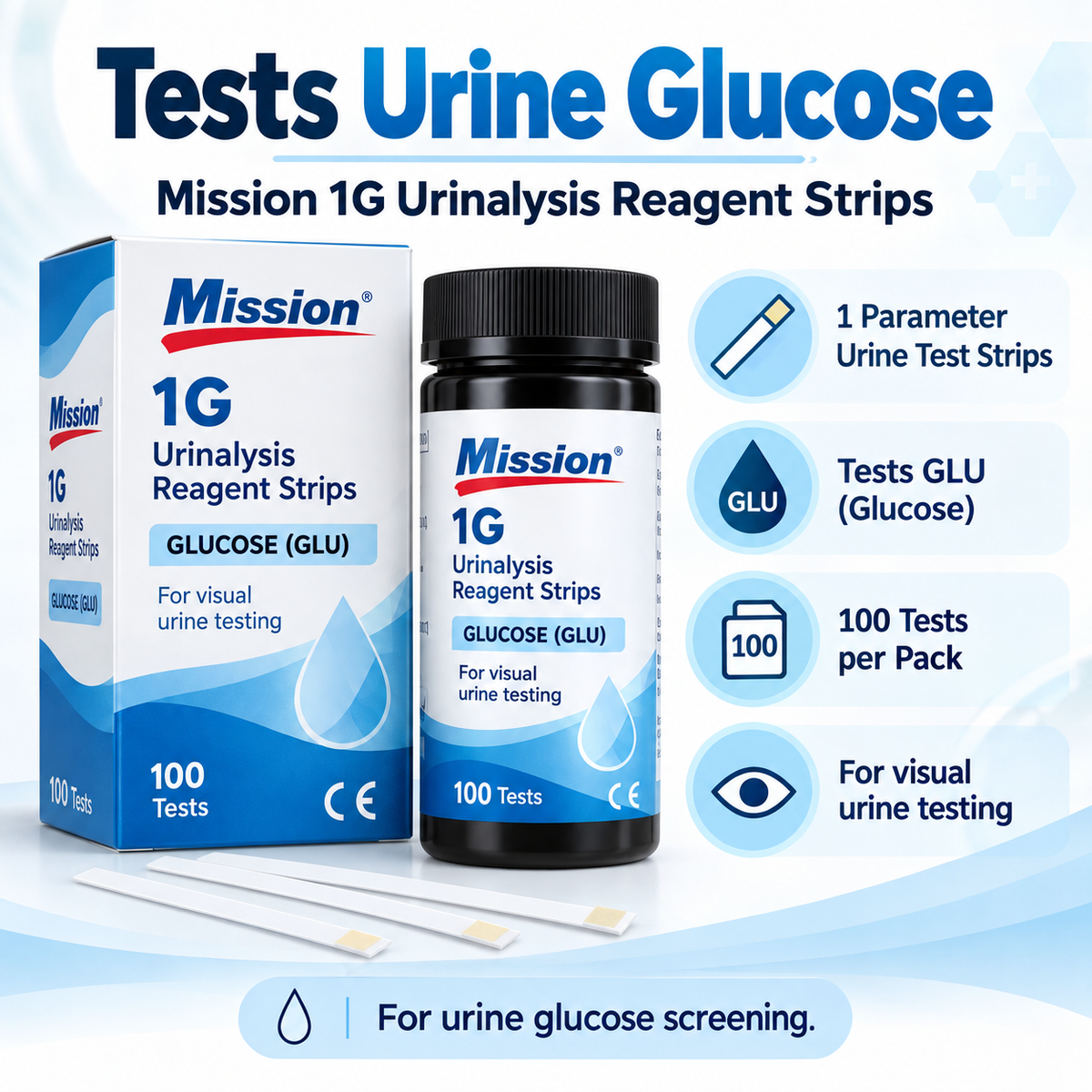 Mission 1G Urine Glucose Test Strips | 1 Parameter Urinalysis Reagent Strips | 100 Tests