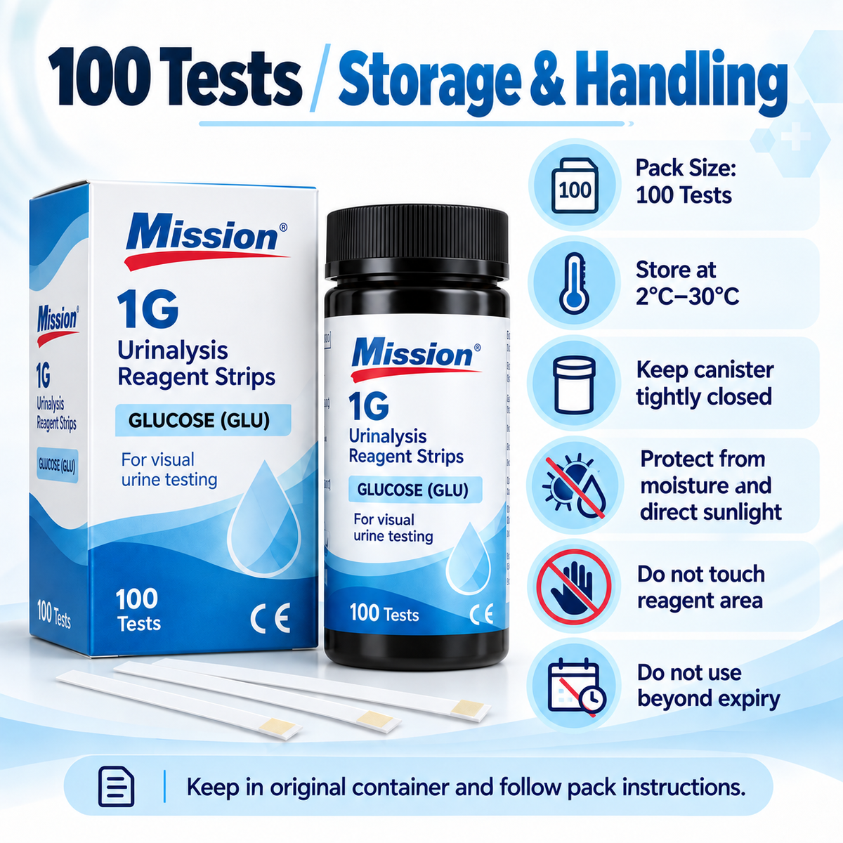 Mission 1G Urine Glucose Test Strips | 1 Parameter Urinalysis Reagent Strips | 100 Tests