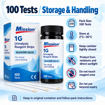 Mission 1G Urine Glucose Test Strips | 1 Parameter Urinalysis Reagent Strips | 100 Tests