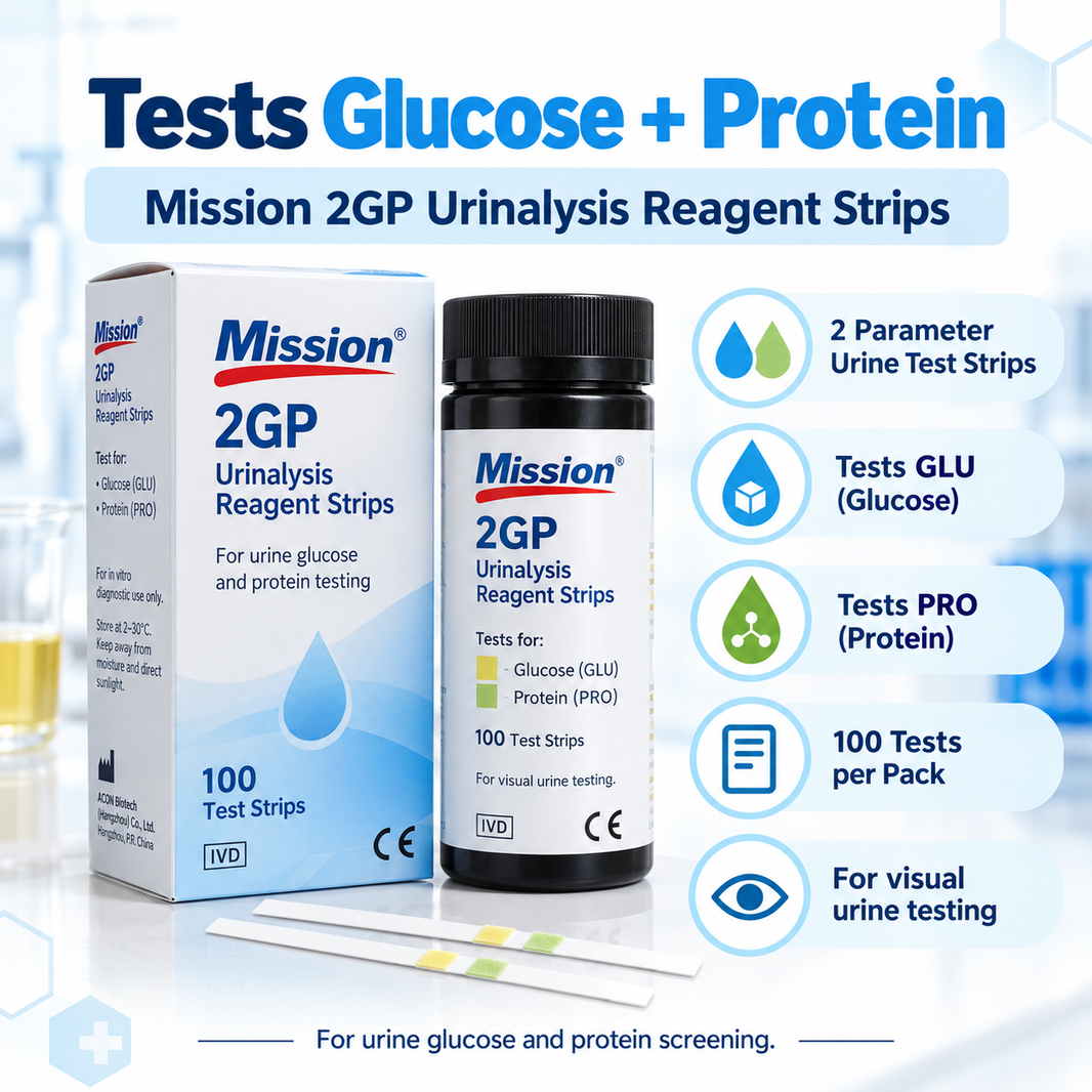 Mission 2GP Glucose + Protein Urine Test Strips | 2 Parameter Urinalysis | 100 Tests