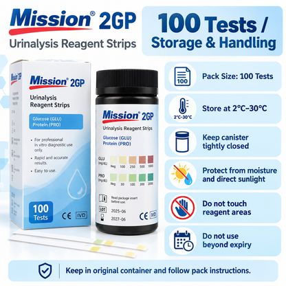 Mission 2GP Glucose + Protein Urine Test Strips | 2 Parameter Urinalysis | 100 Tests