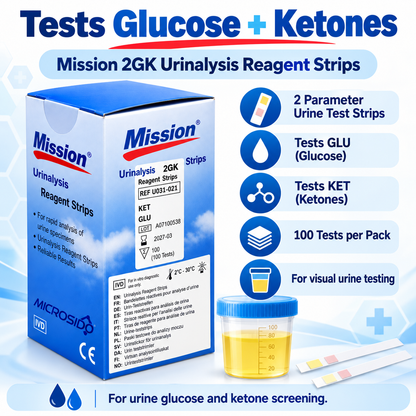 Mission Urine Glucose + Ketone Strips 2GK | 2 Parameter Urinalysis Reagent Strips | 100 Tests