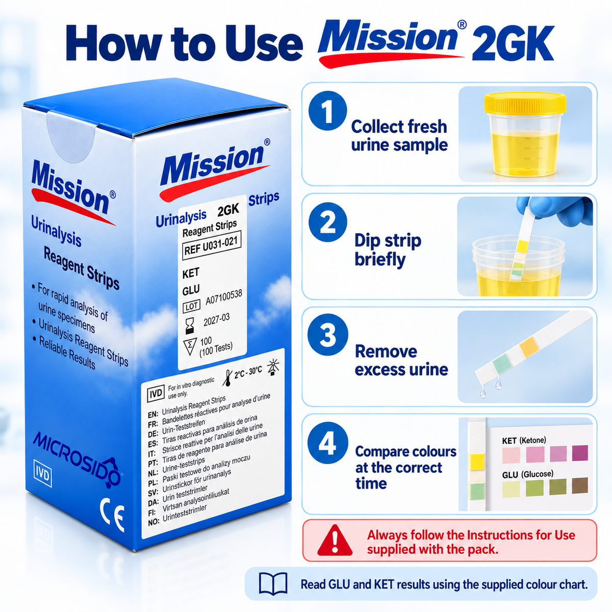 Mission Urine Glucose + Ketone Strips 2GK | 2 Parameter Urinalysis Reagent Strips | 100 Tests