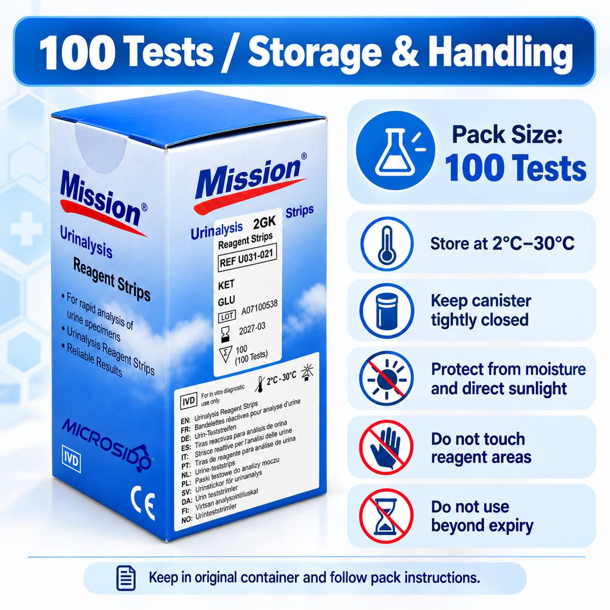 Mission Urine Glucose + Ketone Strips 2GK | 2 Parameter Urinalysis Reagent Strips | 100 Tests