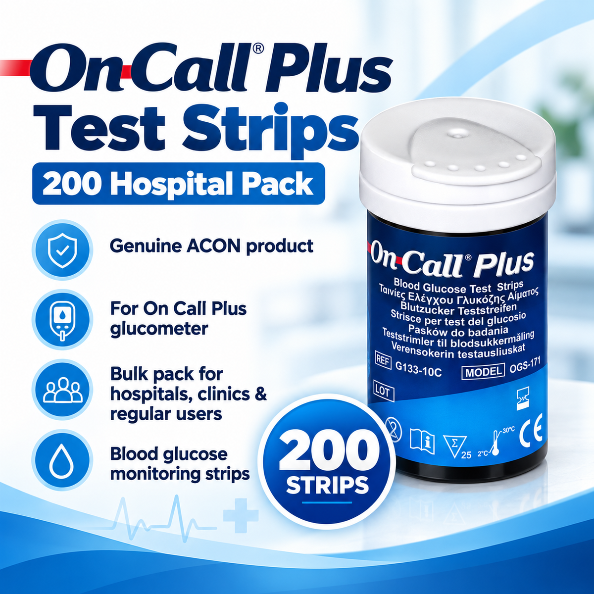 On Call Plus 200 blood glucose test strips hospital bulk pack