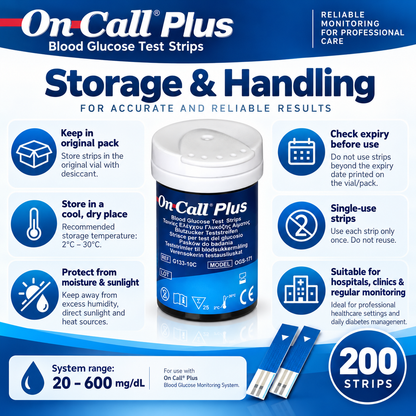 On Call Plus blood glucose test strip storage and handling