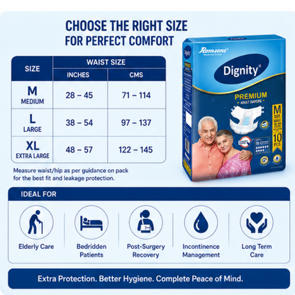 Romsons Dignity Adult Diapers size chart Medium Large Extra Large waist sizes