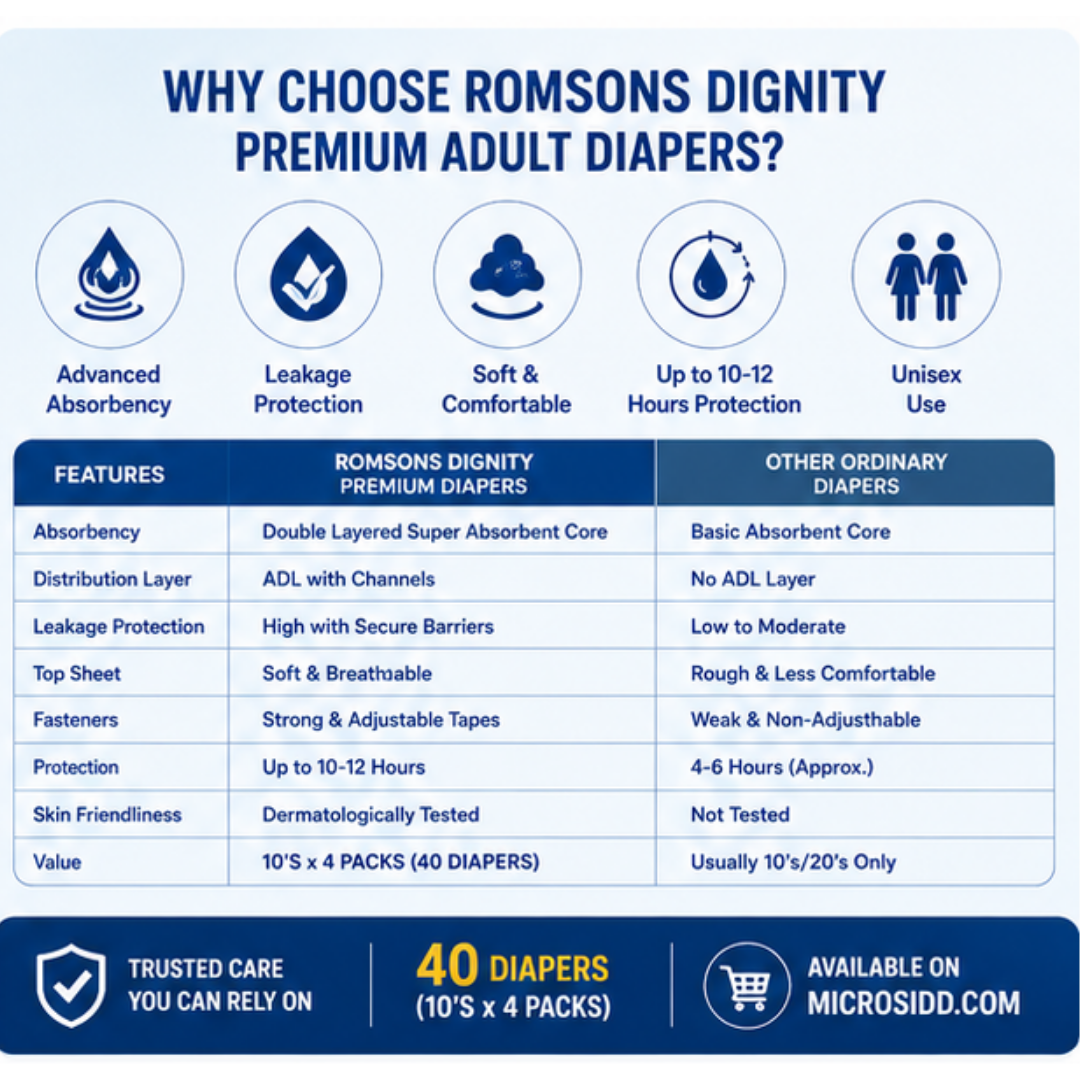Romsons Dignity Premium Adult Diapers 40 Pieces | 10's × 4 Packs | M, L & XL