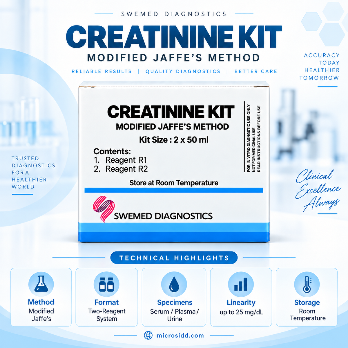 Swemed Creatinine Reagent 2x50ml Modified Jaffe Method Microsidd