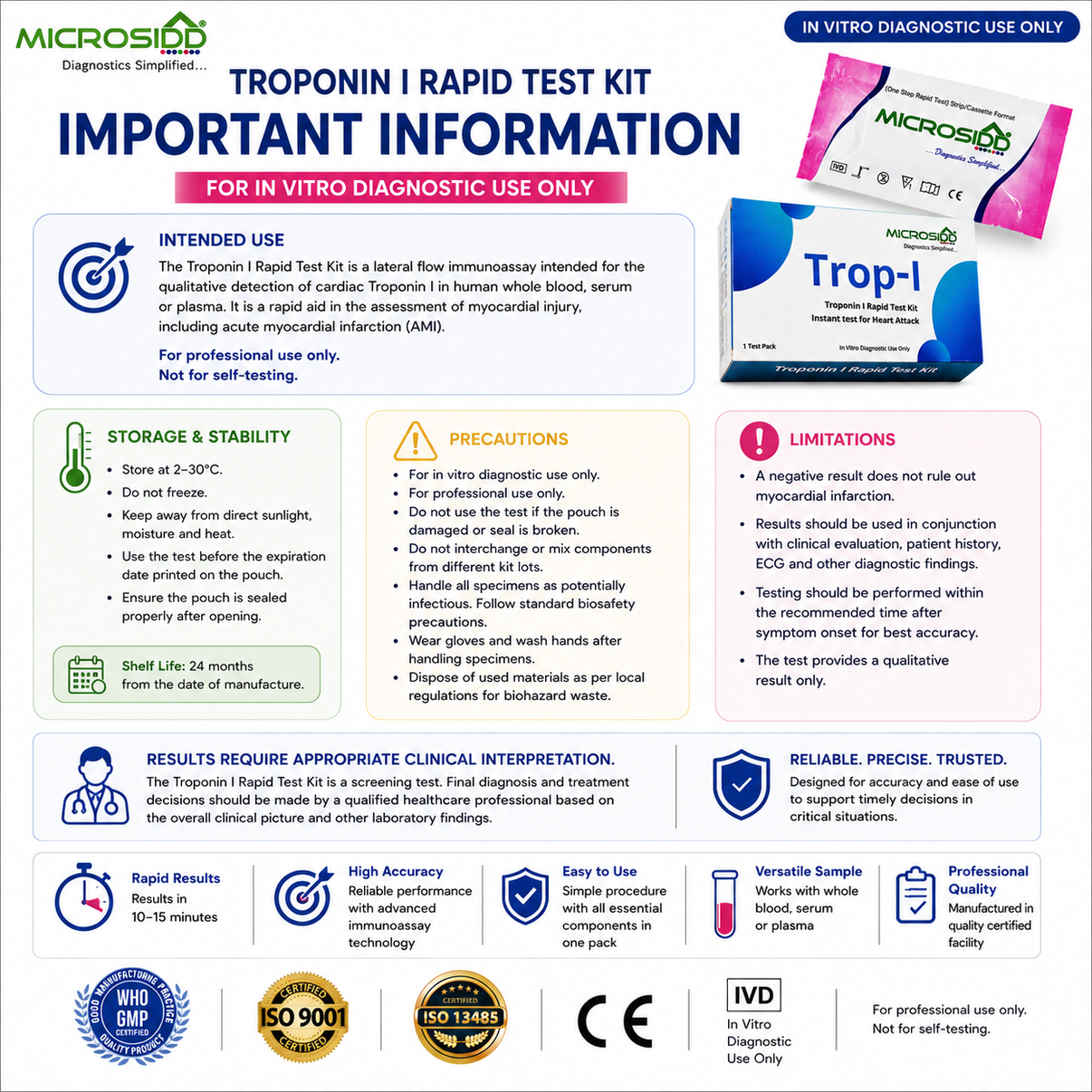 troponin i test kit Important information / professional-use infographic — storage, precautions, intended use