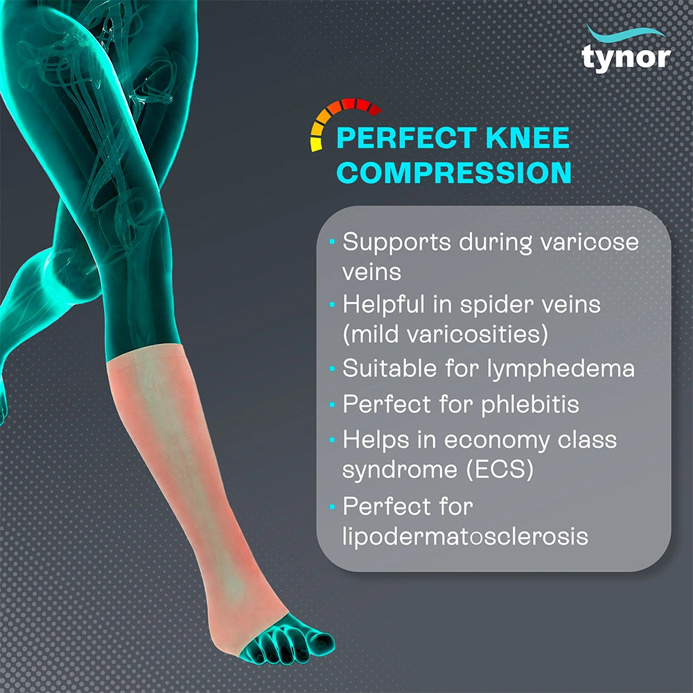 Tynor Compression Stockings Knee High Support I67 (Class 2) | Medical Graduated Compression Stockings for Varicose Veins, Swelling & DVT Prevention (Pair)