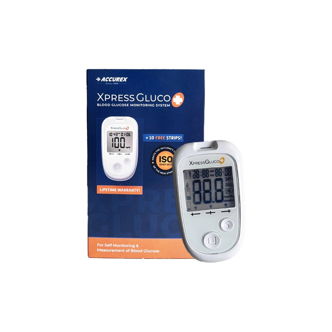Accurex Xpress Gluco+ Kit | Blood Glucose Monitoring System with 10 Test Strips & 10 Lancets | No Coding | Electrochemical Glucometer
