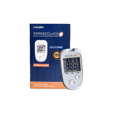 Accurex Xpress Gluco+ Kit | Blood Glucose Monitoring System with 10 Test Strips & 10 Lancets | No Coding | Electrochemical Glucometer
