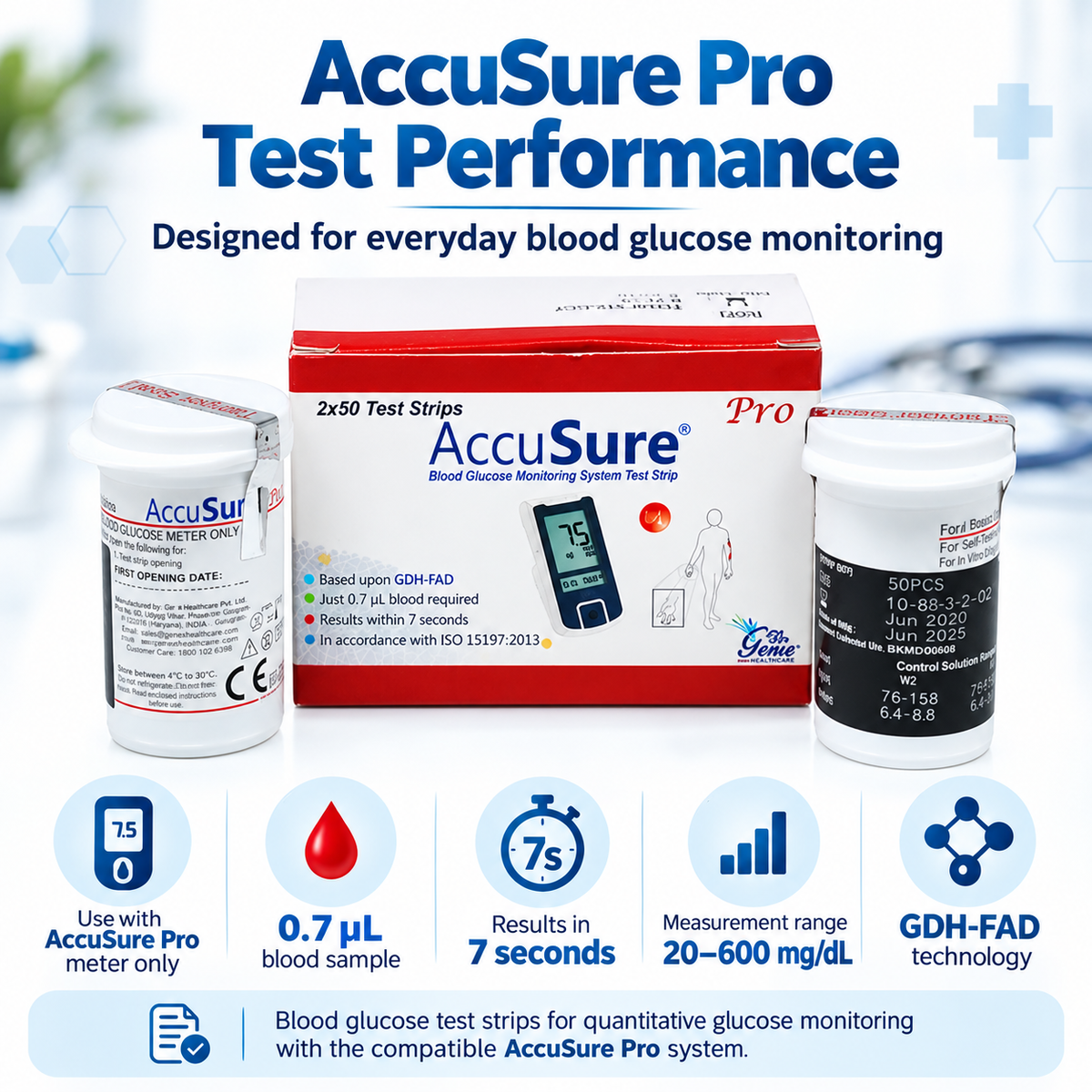 AccuSure Pro Glucometer Test Strips 100 Pack 2x50 Blood Glucose Test Strips