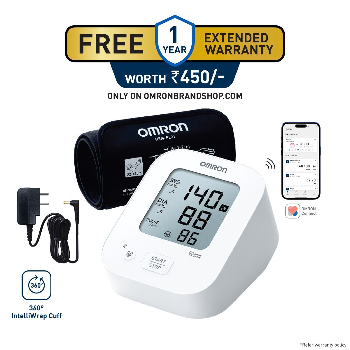Omron HEM-7183T1-FLBIN BP Monitor with Bluetooth & AC Adapter