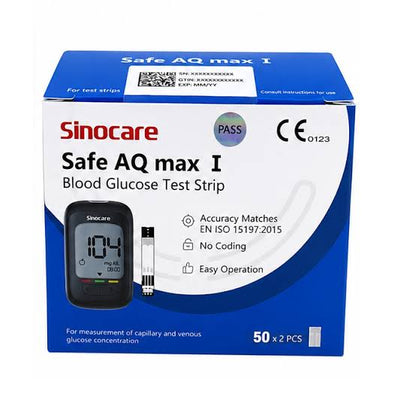 Sinocare Safe AQ Max 1 Glucometer Test Strips 100's Pack | Code-Free Blood Glucose Test Strips | Compatible with Safe AQ Max 1 Meter Only