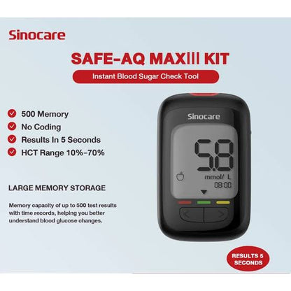 Sinocare Safe AQ Max 3 Glucometer Kit with 10 Test Strips | Code-Free Blood Glucose Monitor | Fast & Accurate Blood Sugar Testing