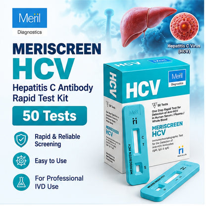 MERISCREEN HCV | Hepatitis C Antibody Rapid Test | 50 Tests | Whole Blood / Serum / Plasma | Meril Diagnostics