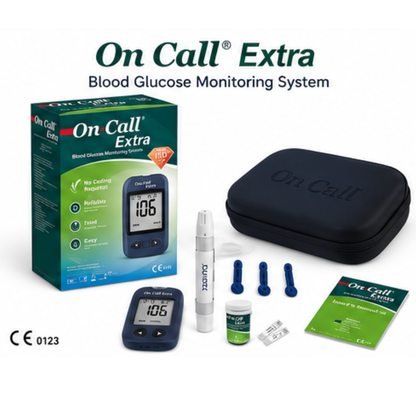 On Call Extra Blood Glucose Monitoring System (Glucometer Kit) | Blood Sugar Test Machine with Meter, Lancing Device, 10 Lancets, Carry Case & User Manual | Fast & Accurate Blood Glucose Monitoring for Home Use