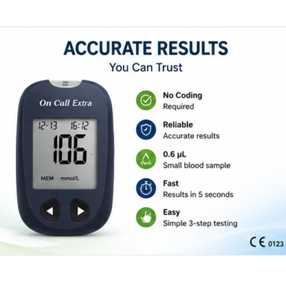 On Call Extra Blood Glucose Monitoring System (Glucometer Kit) | Blood Sugar Test Machine with Meter, Lancing Device, 10 Lancets, Carry Case & User Manual | Fast & Accurate Blood Glucose Monitoring for Home Use