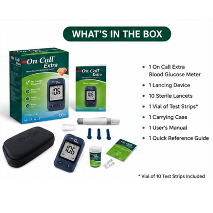 On Call Extra Blood Glucose Monitoring System (Glucometer Kit) | Blood Sugar Test Machine with Meter, Lancing Device, 10 Lancets, Carry Case & User Manual | Fast & Accurate Blood Glucose Monitoring for Home Use