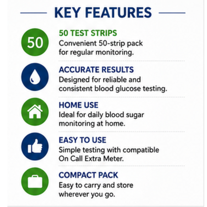 On Call Extra Blood Glucose Test Strips 50's Pack Genuine ACON Test Strips for On Call Extra Glucometer