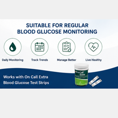 On Call Extra Blood Glucose Monitoring System (Glucometer Kit) | Blood Sugar Test Machine with Meter, Lancing Device, 10 Lancets, Carry Case & User Manual | Fast & Accurate Blood Glucose Monitoring for Home Use