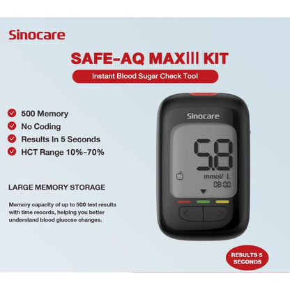 Sinocare Safe AQ Max 1 Glucometer Kit | Code-Free Blood Glucose Monitor with 5-Second Results, Large Display & High Accuracy