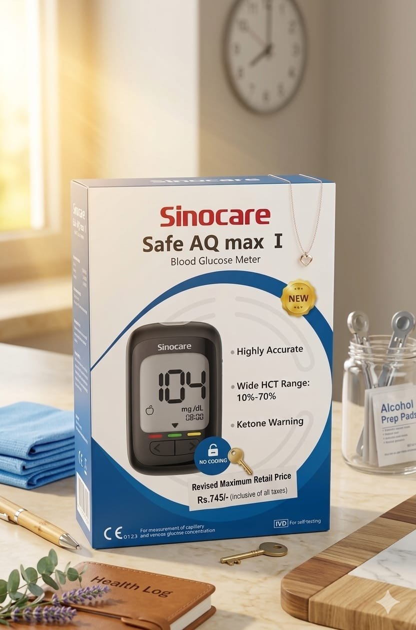 Sinocare Safe AQ Max 1 Glucometer Kit | Code-Free Blood Glucose Monitor with 5-Second Results, Large Display & High Accuracy