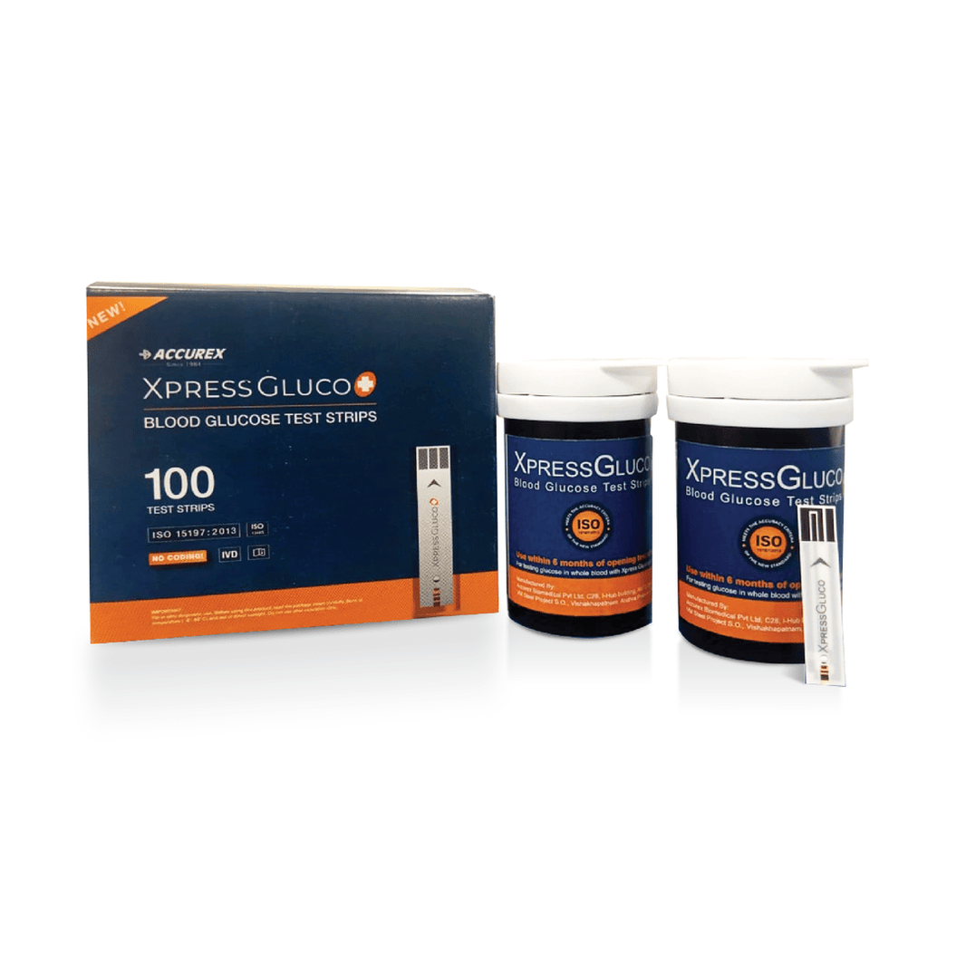 Accurex Xpress Gluco+ Blood Glucose Test Strips 100's Pack | Compatible with Xpress Gluco+ Meter | No Coding | Electrochemical Biosensor